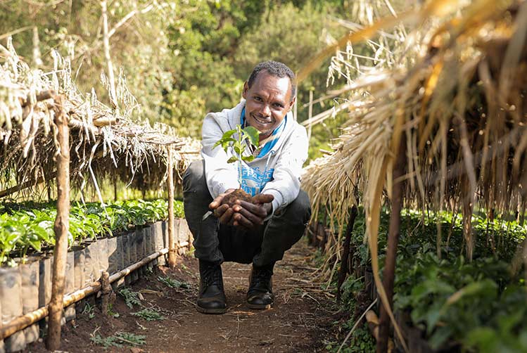 Mann in Baumschule in Äthiopien mit Setzling in der Hand