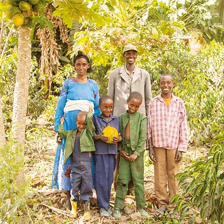 Familie in Äthiopien inmitten ihres Gemüsefeldes